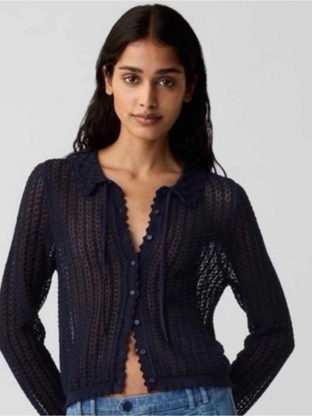 Gap x Doen navy linen blend pointelle cardigan - Picture 4 of 7